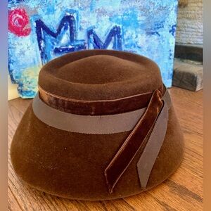 Down Turned Pillbox Ribbon and Velvet Embellished Brown Felted Vintage (1940s)